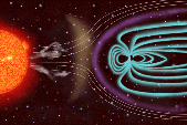 A computer generated image of the Sun and the Earth with Earth's magnetic fields shown